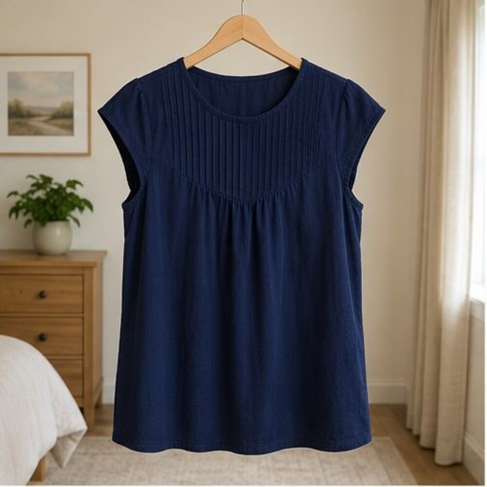 Navy Pintuck Yoke Blouse